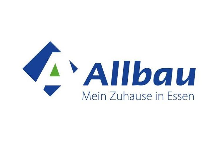 Logo von Allbau mit einem geometrischen Symbol und dem Slogan „Mein Zuhause in Essen“ in blauer Schrift.