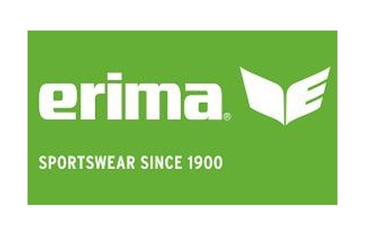 Logo von erima mit dem Schriftzug „SPORTSWEAR SINCE 1900“ auf grünem Hintergrund.