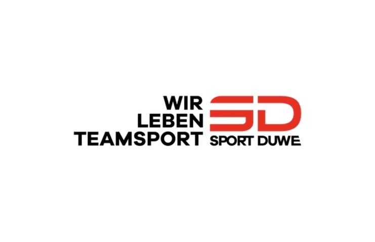 Logo von Sport Duwe mit dem Slogan „Wir leben Teamsport“ in schwarzer und roter Schrift.