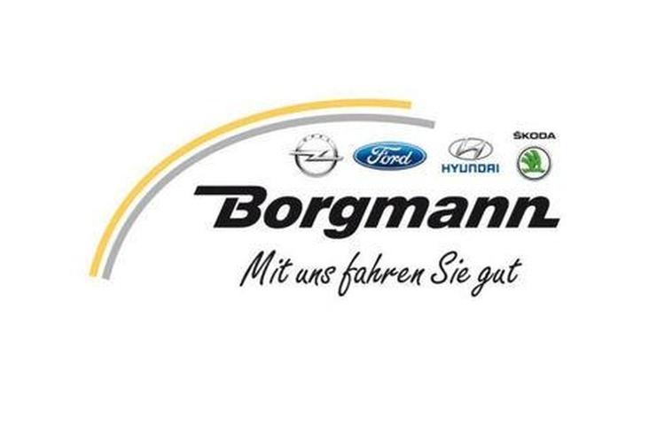 Logo der Firma Borgmann mit den Autok العلامen Opel, Ford, Hyundai und Škoda sowie dem Slogan „Mit uns fahren Sie gut“.