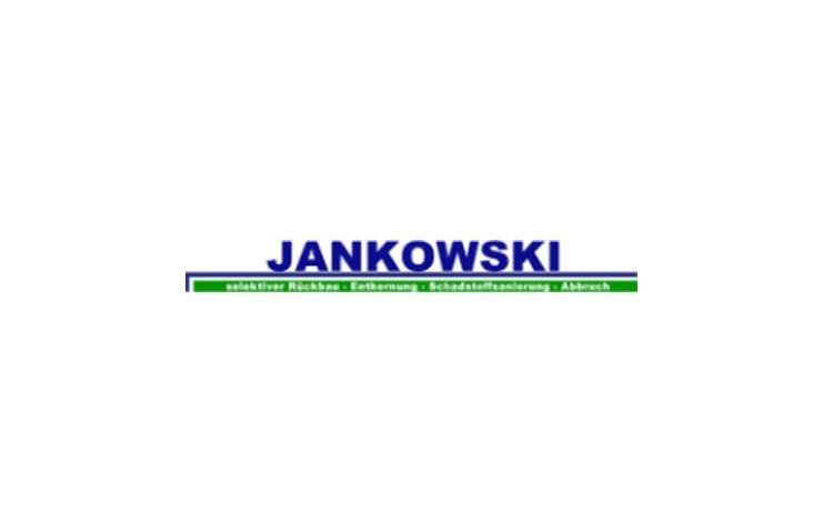 Logo von Jankowski mit blauem Schriftzug und Informationen zu Rückbau, Entfernung, Schadstoffsanierung und Abbruch.