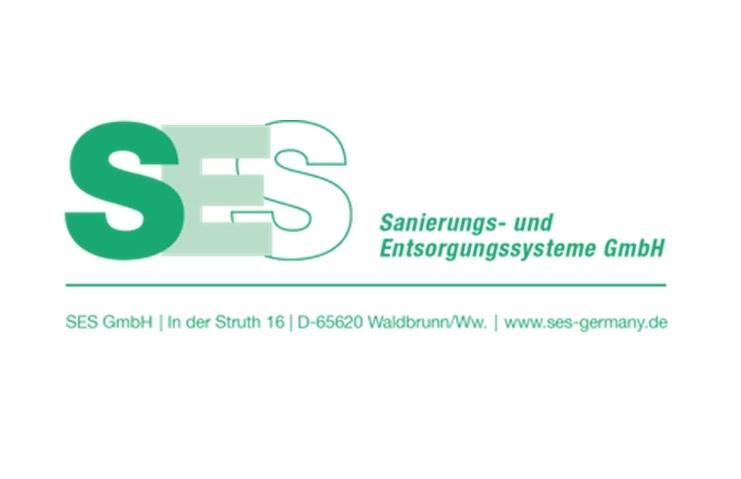 Logo der SES GmbH, Sanierungs- und Entsorgungssysteme, mit Unternehmenssitz in Waldebrunn und Website-Adresse.