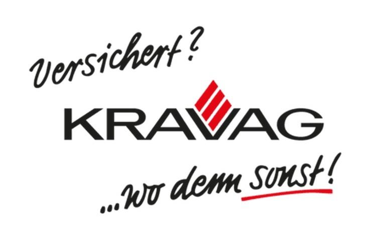Logo der KRAVAG mit dem Slogan „Versichert? …wo dem sonst!“ in schwarzer Schrift und rotem Marken-Symbol.