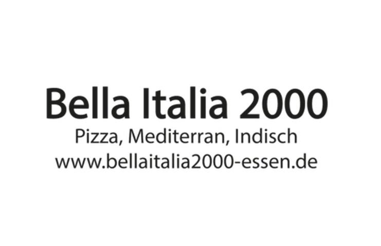 Logo von Bella Italia 2000 mit den Schriftzügen „Pizza, Mediterran, Indisch“ und der Website-Adresse.