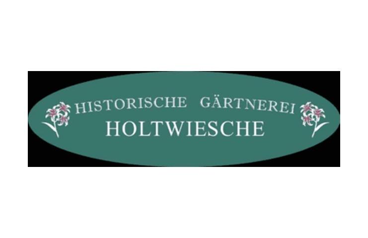 Logo der Historischen Gärtnerei HoltWiesche auf grünem Hintergrund mit floralen Elementen.