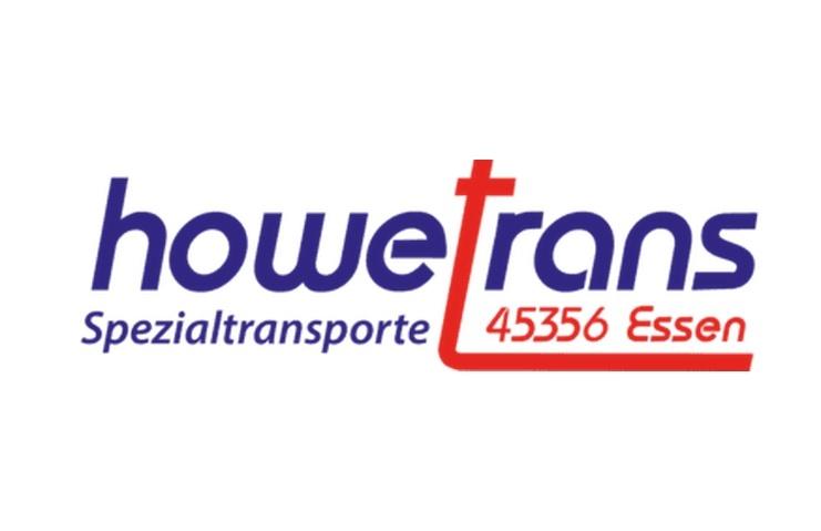 Logo der Firma "howetrans" für Spezialtransporte, Standort 45356 Essen, in Blau und Rot gestaltet.